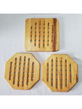 3 Vintage Wood Trivets Hot Plate Boho Square Hexagon MCM Vintage Lattice